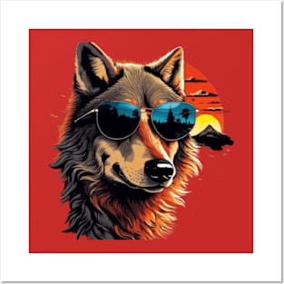 Cool wolf wearing sunglasses in the sunset Posters and Art